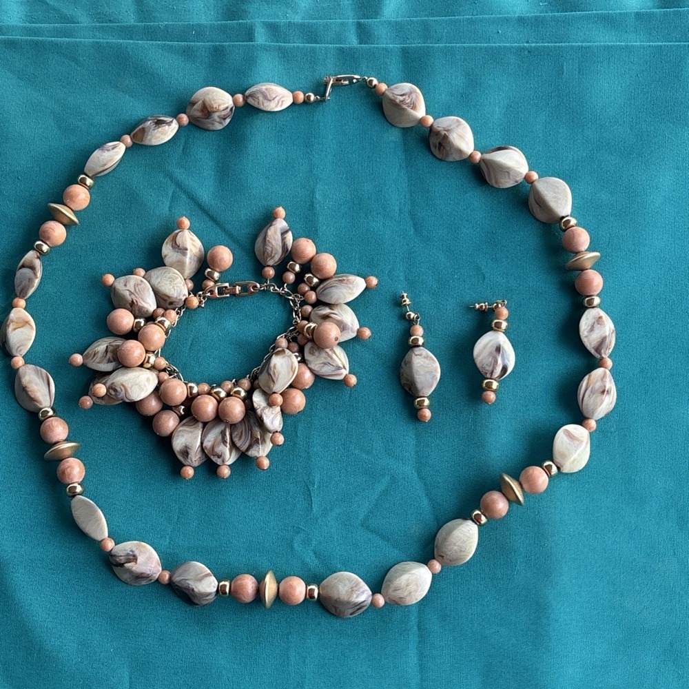 NAPIER Marbled Beaded Necklace, Bracelet, Earring SET Of 3 Signed Earth Tones